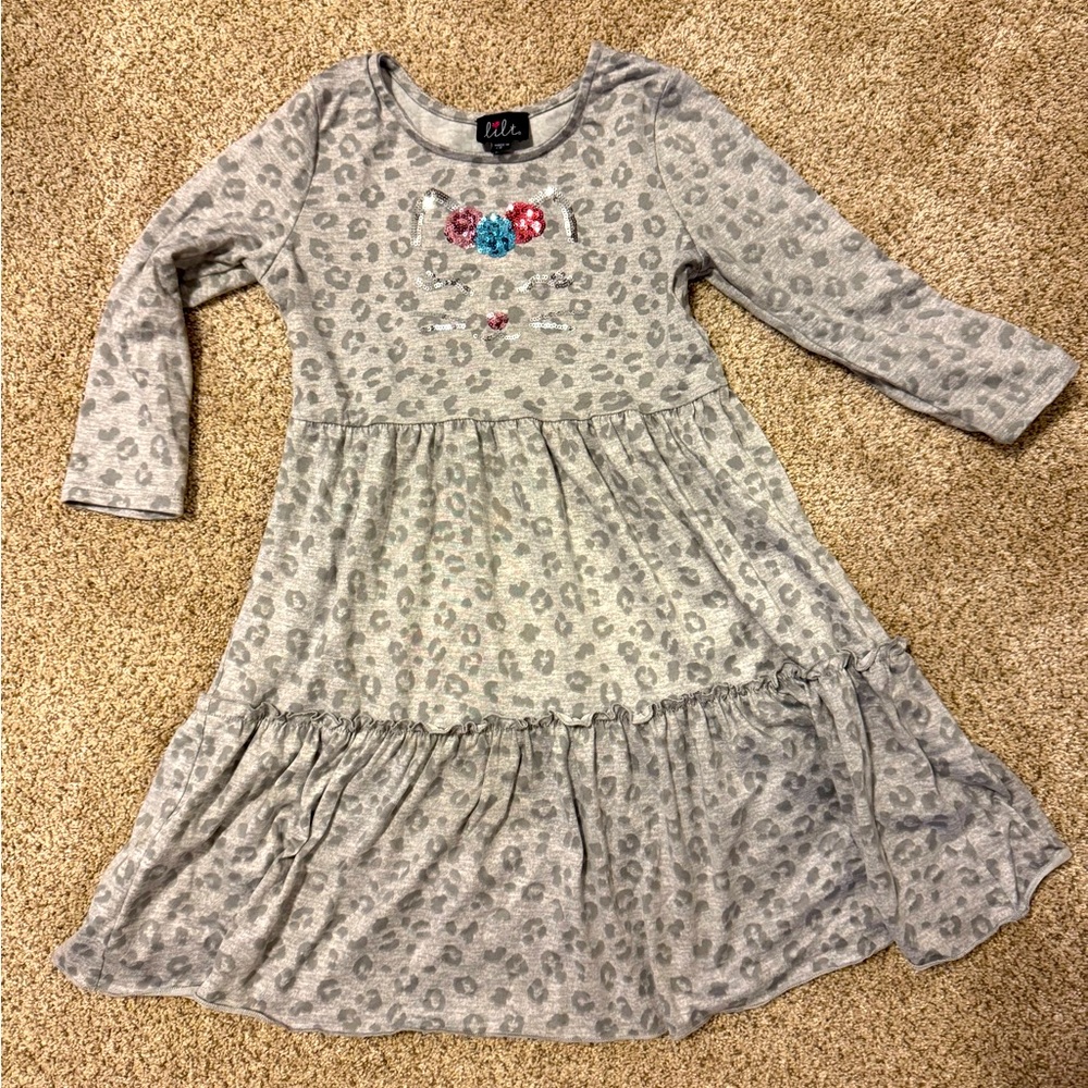 Girls long sleeve leopard print dress with sequin cat face